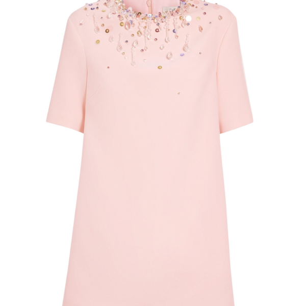 Safiyaa Ripley Short Dress in Pale Pink with Multi-pastels Embellishment - Safiyaa Dresses - Heavy Crepe Cape Gown - Shop at Coveti