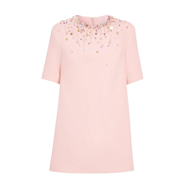 Safiyaa Ripley Short Dress in Pale Pink with Multi-pastels Embellishment - Safiyaa Dresses - Heavy Crepe Cape Gown - Shop at Coveti
