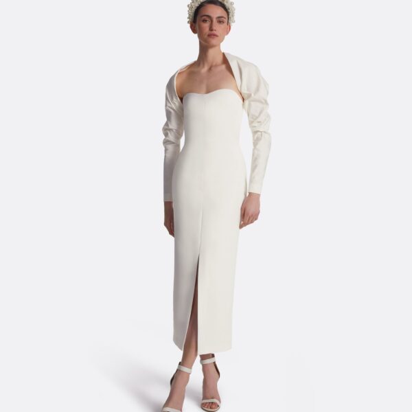 Safiyaa Romane Ivory Midi Dress - Safiyaa Dresses - Heavy Crepe Cape Gown - Shop at Coveti