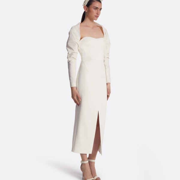Safiyaa Romane Ivory Midi Dress - Safiyaa Dresses - Heavy Crepe Cape Gown - Shop at Coveti
