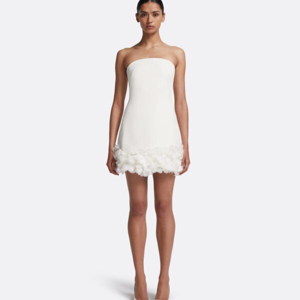 Safiyaa Rowan Short Dress in Ivory with Ivory Appliqué - Safiyaa Dresses - Heavy Crepe Cape Gown - Shop at Coveti