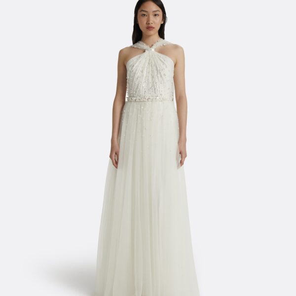 Safiyaa Tabia Ivory Long Dress - Safiyaa Dresses - Heavy Crepe Cape Gown - Shop at Coveti