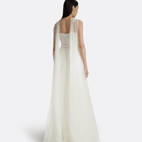 Safiyaa Tabia Ivory Long Dress - Safiyaa Dresses - Heavy Crepe Cape Gown - Shop at Coveti