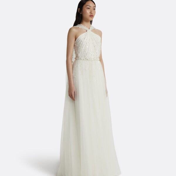 Safiyaa Tabia Ivory Long Dress - Safiyaa Dresses - Heavy Crepe Cape Gown - Shop at Coveti