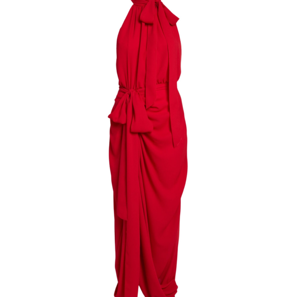Safiyaa Valentina Midi Dress in Azalea Red - Safiyaa Dresses - Heavy Crepe Cape Gown - Shop at Coveti