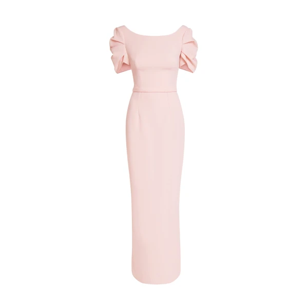 Safiyaa Vanna Dress Long in Pale Pink - Safiyaa Dresses - Heavy Crepe Cape Gown - Shop at Coveti