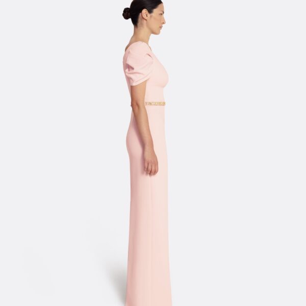 Safiyaa Vanna Long Dress in Pale Pink with Gold - Safiyaa Dresses - Heavy Crepe Cape Gown - Shop at Coveti