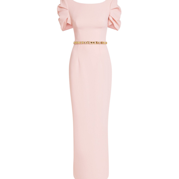 Safiyaa Vanna Long Dress in Pale Pink with Gold - Safiyaa Dresses - Heavy Crepe Cape Gown - Shop at Coveti