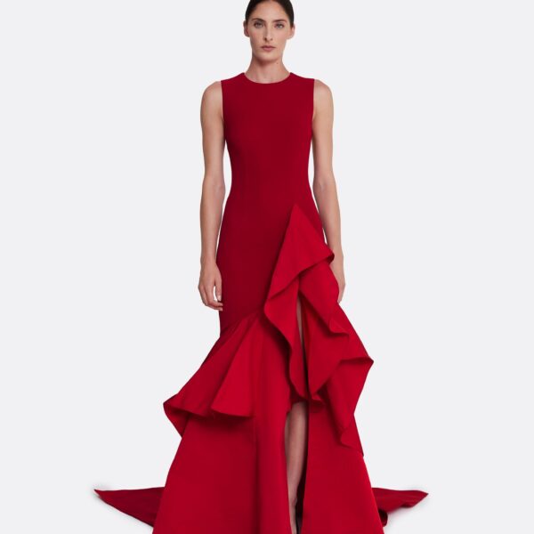 Safiyaa Viviana Long Dress in Lacquer Red on Azalea Red - Safiyaa Dresses - Heavy Crepe Cape Gown - Shop at Coveti