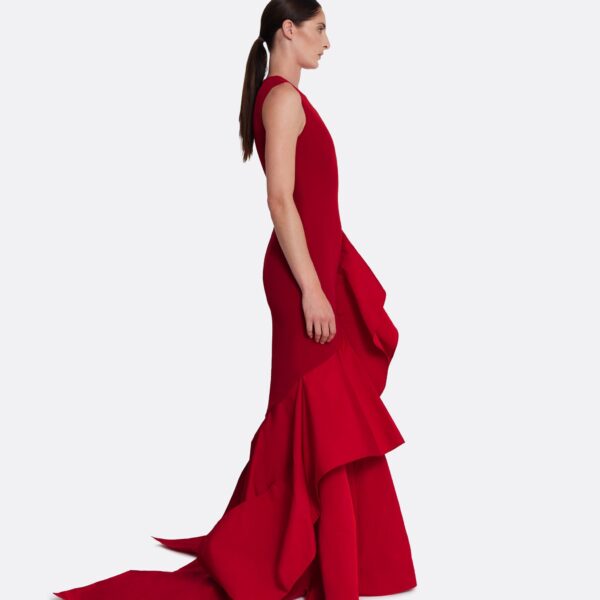 Safiyaa Viviana Long Dress in Lacquer Red on Azalea Red - Safiyaa Dresses - Heavy Crepe Cape Gown - Shop at Coveti