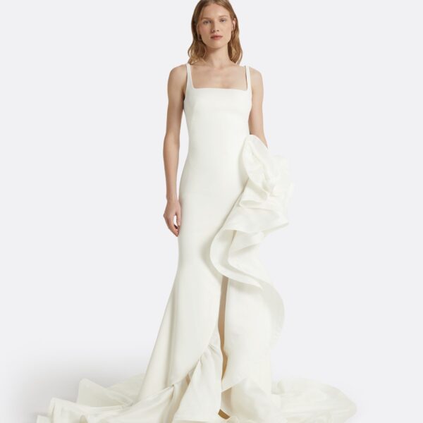 Safiyaa Yana Ivory Long Dress - Safiyaa Dresses - Heavy Crepe Cape Gown - Shop at Coveti