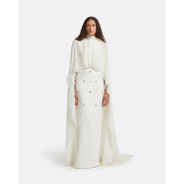Safiyaa Yulena Ivory Long Dress - Safiyaa Dresses - Heavy Crepe Cape Gown - Shop at Coveti