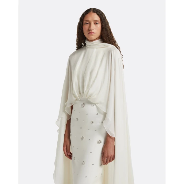 Safiyaa Yulena Ivory Long Dress - Safiyaa Dresses - Heavy Crepe Cape Gown - Shop at Coveti