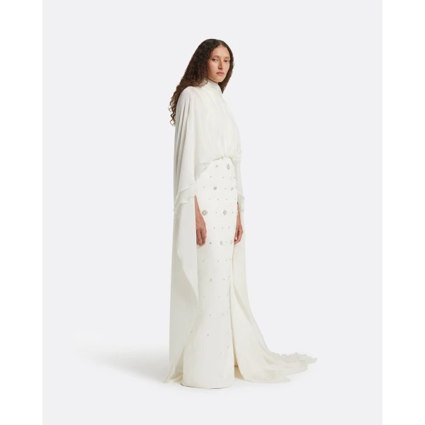 Safiyaa Yulena Ivory Long Dress - Safiyaa Dresses - Heavy Crepe Cape Gown - Shop at Coveti