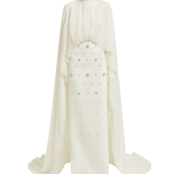 Safiyaa Yulena Ivory Long Dress - Safiyaa Dresses - Heavy Crepe Cape Gown - Shop at Coveti