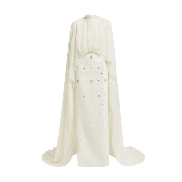 Safiyaa Yulena Ivory Long Dress - Safiyaa Dresses - Heavy Crepe Cape Gown - Shop at Coveti
