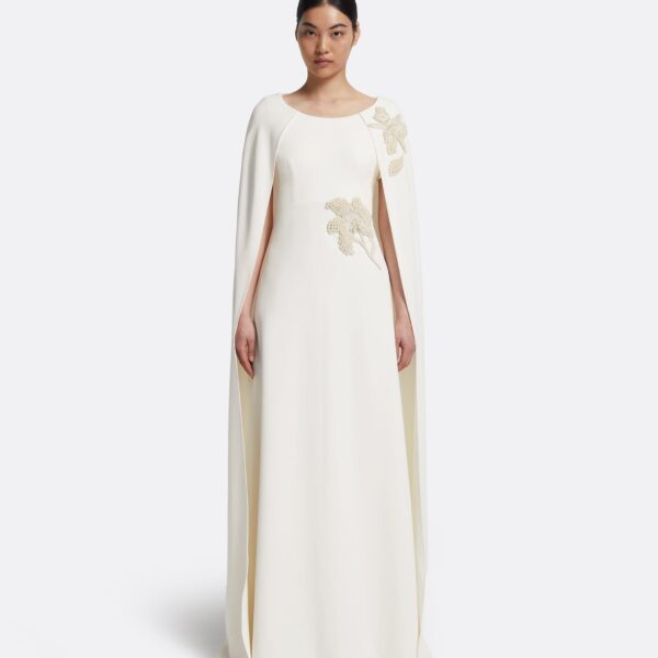 Safiyaa Yuna Long Dress in Ivory with Pearl - Safiyaa Dresses - Heavy Crepe Cape Gown - Shop at Coveti