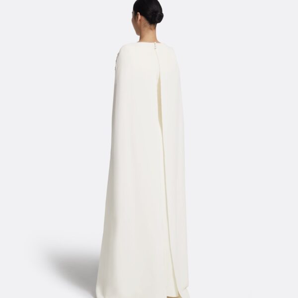 Safiyaa Yuna Long Dress in Ivory with Pearl - Safiyaa Dresses - Heavy Crepe Cape Gown - Shop at Coveti