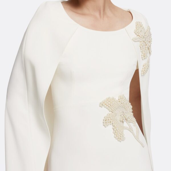 Safiyaa Yuna Long Dress in Ivory with Pearl - Safiyaa Dresses - Heavy Crepe Cape Gown - Shop at Coveti