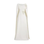 Safiyaa Yuna Long Dress in Ivory with Pearl - Safiyaa Dresses - Heavy Crepe Cape Gown - Shop at Coveti