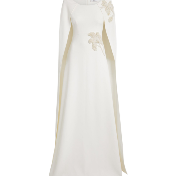 Safiyaa Yuna Long Dress in Ivory with Pearl - Safiyaa Dresses - Heavy Crepe Cape Gown - Shop at Coveti