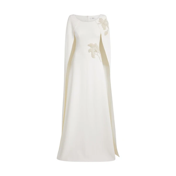 Safiyaa Yuna Long Dress in Ivory with Pearl - Safiyaa Dresses - Heavy Crepe Cape Gown - Shop at Coveti