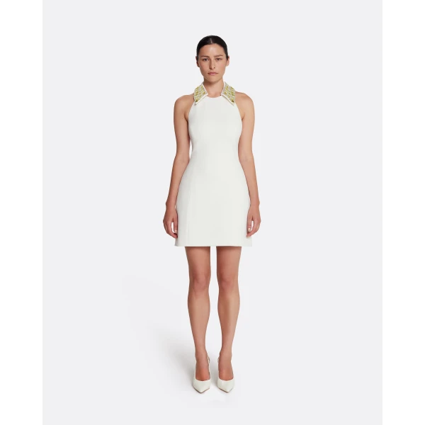 Safiyaa Zura Short Dress in Ivory with Gold Embellishment, view 2