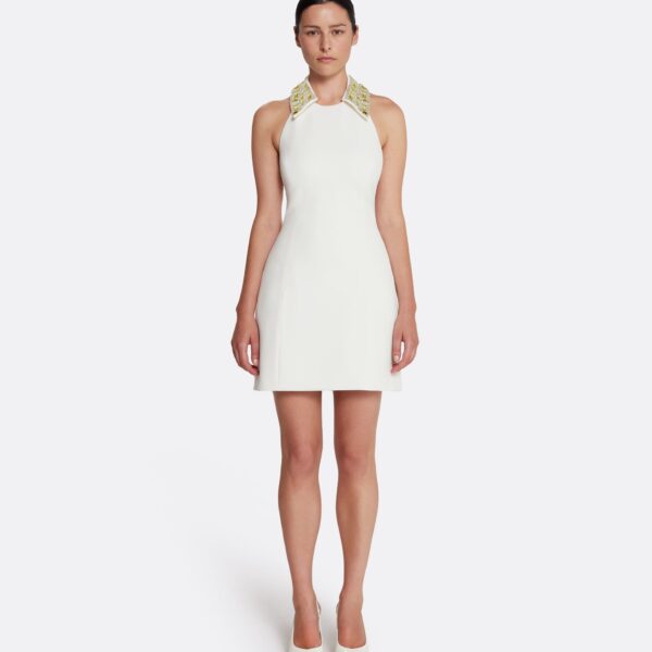 Safiyaa Zura Short Dress in Ivory with Gold Embellishment - Safiyaa Dresses - Heavy Crepe Cape Gown - Shop at Coveti