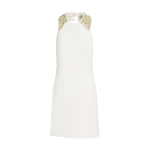 Safiyaa Zura Short Dress in Ivory with Gold Embellishment - Safiyaa Dresses - Heavy Crepe Cape Gown - Shop at Coveti