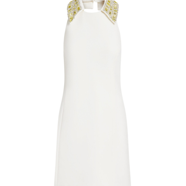 Safiyaa Zura Short Dress in Ivory with Gold Embellishment - Safiyaa Dresses - Heavy Crepe Cape Gown - Shop at Coveti