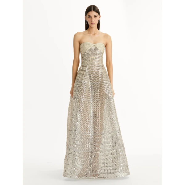 Oscar de la Renta Sequin & Bugle Bead Lattice Gown - Dresses - American Luxury Evening Wear at Coveti