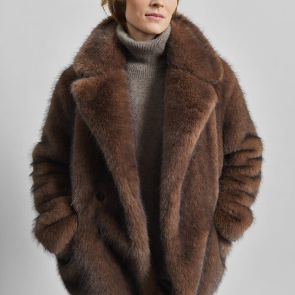 The Frankie Shop Adamello Faux Fur Short Coat - Brown - Oversized Minimalist Coats in Brown - Shop at Coveti
