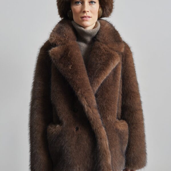 The Frankie Shop Adamello Faux Fur Short Coat - Brown - Oversized Minimalist Coats in Brown - Shop at Coveti