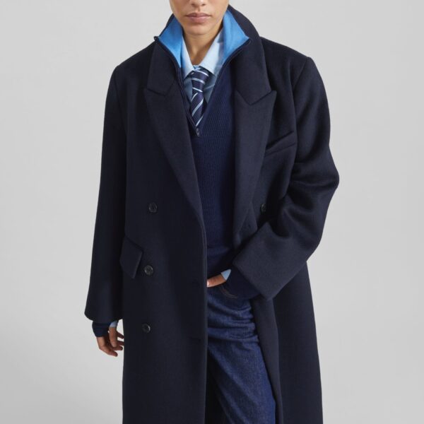 The Frankie Shop Atlin Wool Double-Breasted Coat - Dark Navy - Oversized Minimalist Coats in Blue - Shop at Coveti