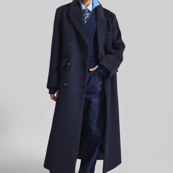 The Frankie Shop Atlin Wool Double-Breasted Coat - Dark Navy - Oversized Minimalist Coats in Blue - Shop at Coveti