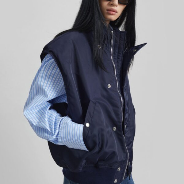 The Frankie Shop Aysen Sleeveless Bomber Jacket - Navy - Oversized Minimalist Jackets in Blue - Shop at Coveti