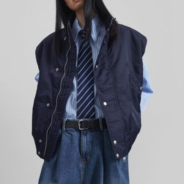 The Frankie Shop Aysen Sleeveless Bomber Jacket - Navy - Oversized Minimalist Jackets in Blue - Shop at Coveti