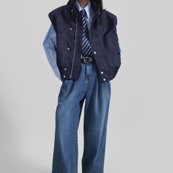 The Frankie Shop Aysen Sleeveless Bomber Jacket - Navy - Oversized Minimalist Jackets in Blue - Shop at Coveti