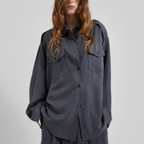 The Frankie Shop Balsta Cargo Shirt - Dark Grey - Oversized Minimalist Tops in Grey - Shop at Coveti