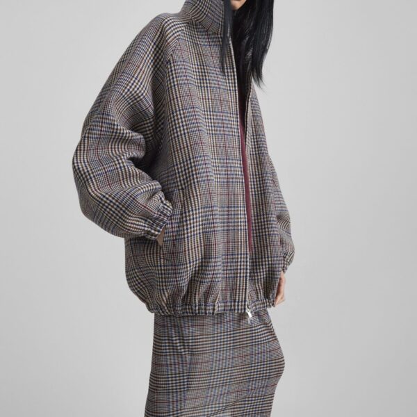 The Frankie Shop Baxter Wool Track Jacket - Beige Glen Plaid - Oversized Minimalist Jackets in Beige - Shop at Coveti