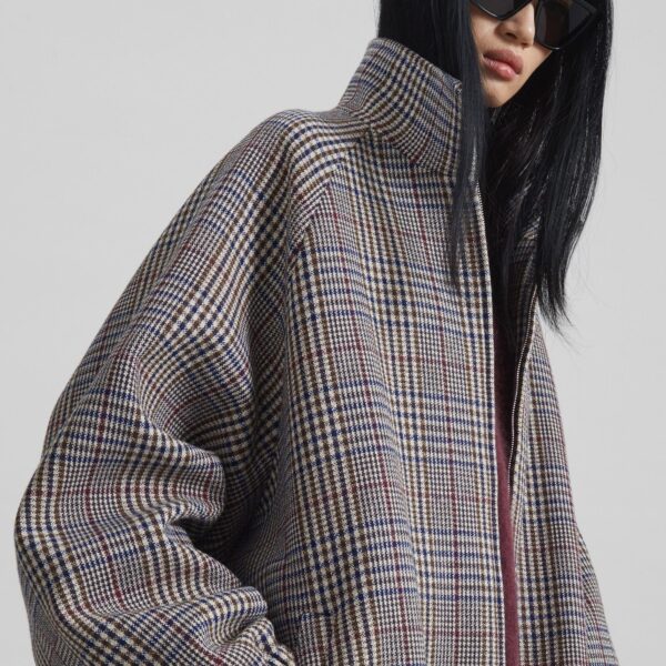 The Frankie Shop Baxter Wool Track Jacket - Beige Glen Plaid - Oversized Minimalist Jackets in Beige - Shop at Coveti