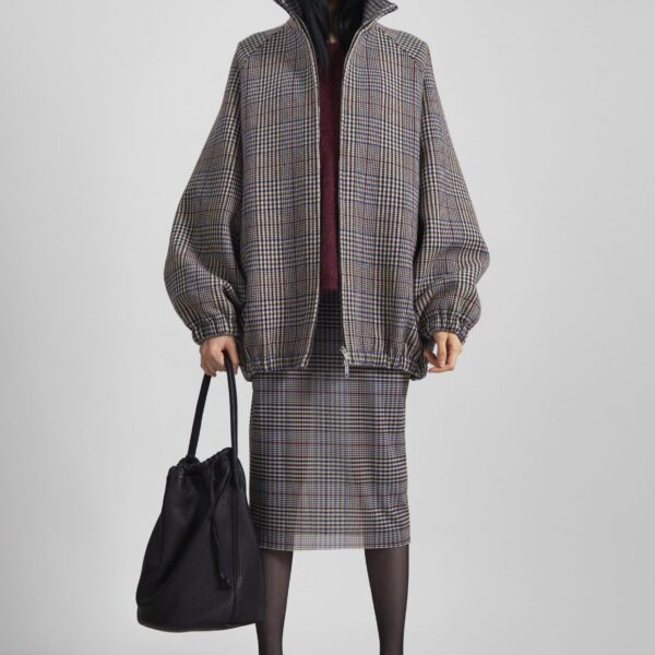 The Frankie Shop Baxter Wool Track Jacket - Beige Glen Plaid - Oversized Minimalist Jackets in Beige - Shop at Coveti