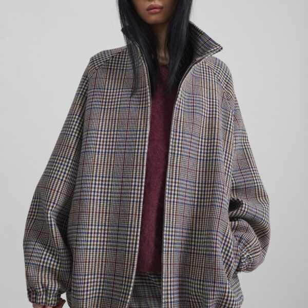 The Frankie Shop Baxter Wool Track Jacket - Beige Glen Plaid - Oversized Minimalist Jackets in Beige - Shop at Coveti
