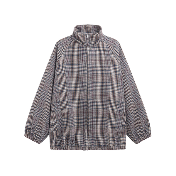 The Frankie Shop Baxter Wool Track Jacket - Beige Glen Plaid - Oversized Minimalist Jackets in Beige - Shop at Coveti