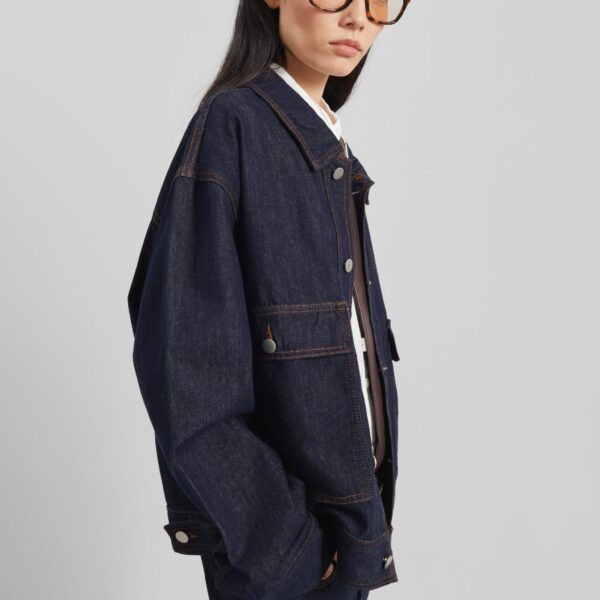 The Frankie Shop Belden Boxy Denim Jacket - Dark Wash - Oversized Minimalist Jackets in Blue - Shop at Coveti