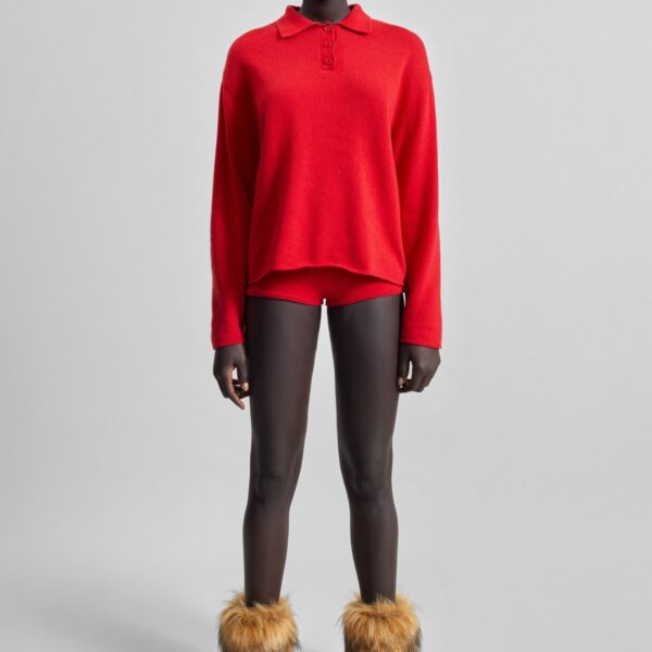 The Frankie Shop Bresica Knit Polo Sweater - Red - Oversized Minimalist Knitwear in Red - Shop at Coveti