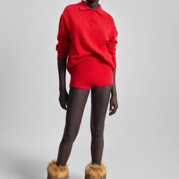 The Frankie Shop Bresica Knit Polo Sweater - Red - Oversized Minimalist Knitwear in Red - Shop at Coveti