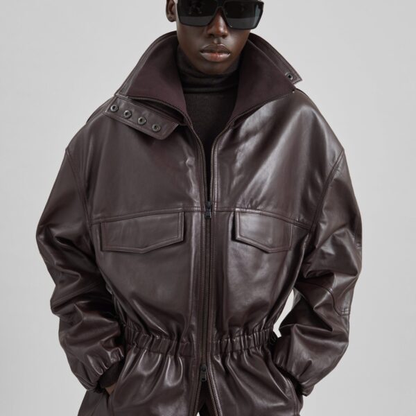 The Frankie Shop Carnaby Funnel Neck Leather Jacket - Dark Plum - Oversized Minimalist Jackets in Brown - Shop at Coveti