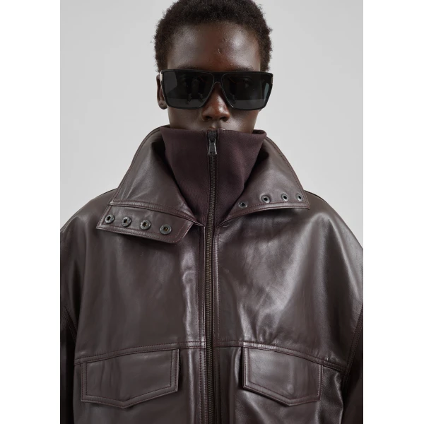 The Frankie Shop Carnaby Funnel Neck Leather Jacket – Dark Plum, view 3