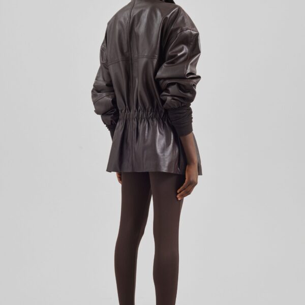 The Frankie Shop Carnaby Funnel Neck Leather Jacket - Dark Plum - Oversized Minimalist Jackets in Brown - Shop at Coveti